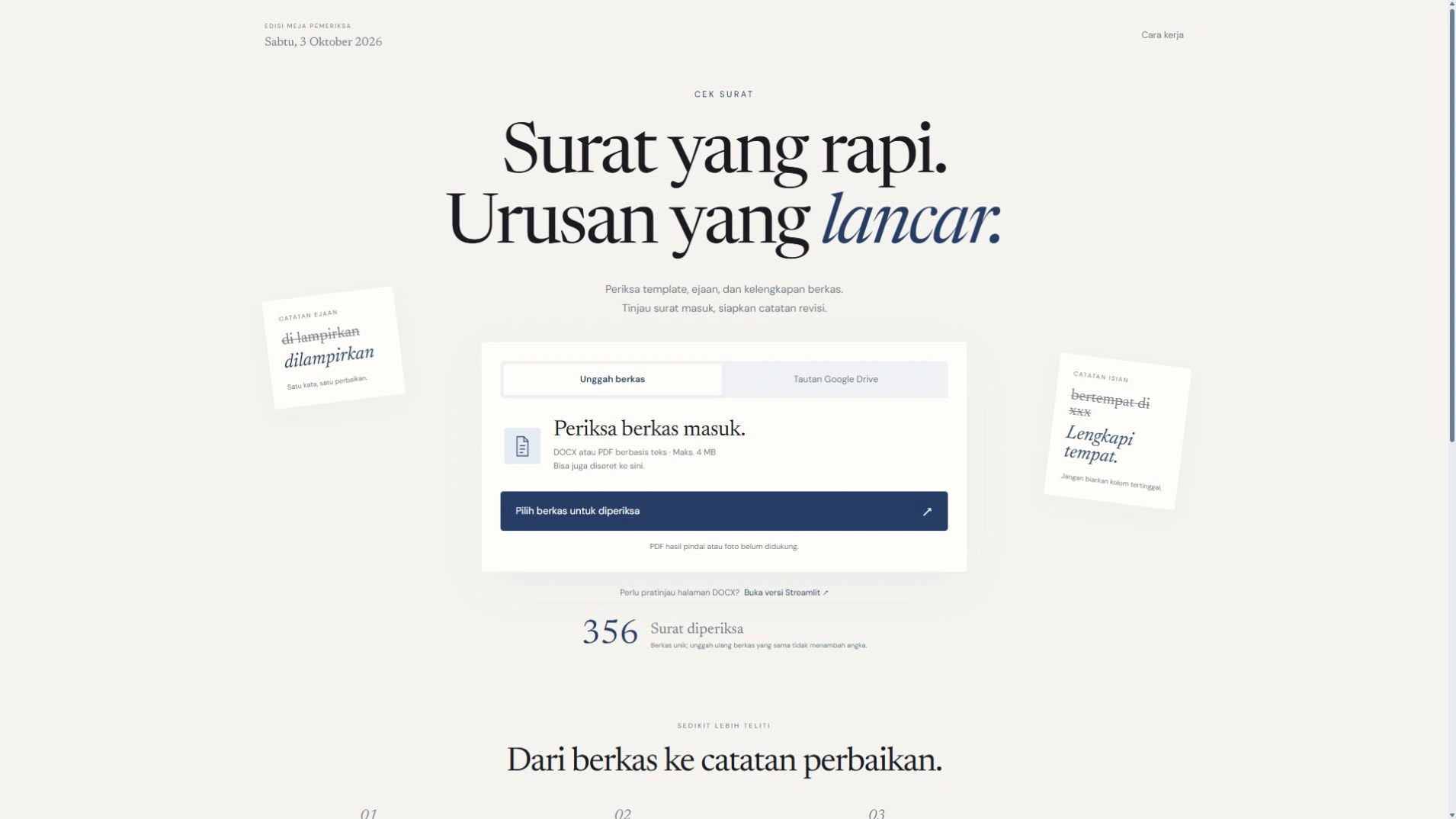 Cek Surat desktop preview captured from the live page, with the 356-letter counter visible